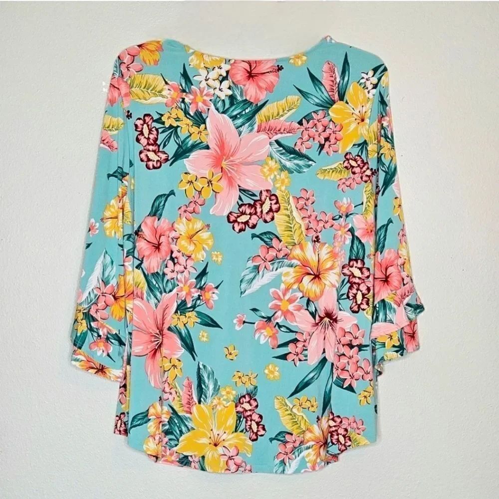 Ruby Rd. Women's Tropicali Floral Ruffled Bell Sleeve Top